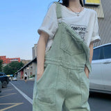Green Denim Overalls Pant for Women Y2k Streetwear Baggy Pocket Jeans Straight Bib Denim Rompers Trousers Korean