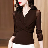 Shoot New Foreign Style Fashion Versatile V-Neck Long Sleeve Solid Color Temperament Mesh Bottom Shirt