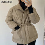 Winter Thick Cotton Padded Coats Women Single-breasted Zippers Lace-up Female Parkas Stand Collar Female