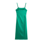 Women Fashion Satin Sea Green Dress Straps with Chains Female Elegant Maxi Midi Slit Camisole Dress Chic Lady