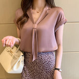 Summer Short Sleeve Chiffon Shirt Women V-neck Tie Solid Loose White Blouses And Shirts Korean Plus Size Women Tops