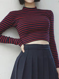 Tops Women 2023 Chic All-match Classic Stripe Slim Short Bustier Crop Top Turtleneck Long Sleeved T-shirt Sexy Shirts