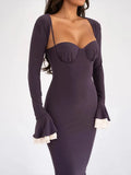 Solid Long Flared Two-piece Crop Sleeve Midi Dress- Outfit