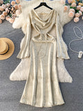 Senior Court Party Fishtail Dress Fashion V Neck Lace up Slim Chic Women Elegant Flare Sleeves France Retro Sexy