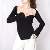 Fashion Women's Sweater Square Collar Waist Long Sleeve Irregular Pink Bottom Knitted Pullovers Spring 2023 New