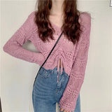 Zingj Out Thin Jacket Summer 2024 New Draw Rope V Collar Short Money Wearing Sunscreen Shirt Sweet Spicy Short Sleeve Knit Women-Outfit