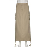 Grunge Punk Aesthetics Drawstring Trim Grey Long Skirts Cyber Y2K Streetwear Pockets Slit Back Low Waist Maxi Skirt