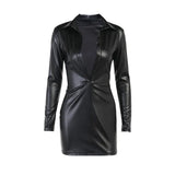 Women Autumn Long Sleeve Sexy V Neck Pu Leather Bodycon Party Club Black Mini Dress 2021 Fall Clothes Wholesale