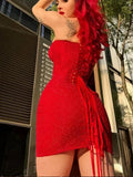 Red Sequin Strapless Bandeau Mini Dress- Outfit
