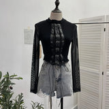 Real Shoot Spice Girls Strap Spliced Pu Skin Repair Slim Semi-High Collar Long Sleeve Top Short T-Shirt