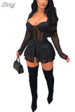 Sheer Mesh Corset Zip Up Jacket Top and Shorts 2 Piece Sets Women Sexy Party Club Two Piece Outfit Streetwear