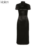 Black Monochrome Printing Satin Traditional Chinese Dresses Long Qipao Dress Sexy Split Tang Costume Banquet Qipao