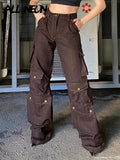 Indie Aesthetics Retro Big Pockets Trim Brown Cargo Pants Y2K 90s Vintage High Waist Wide-Leg Denim Baggy Jeans