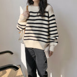 and White Striped Sweater Loose Long-sleeved Korean Fashion All-match Round Neck Women Sweater Casual Pullover