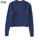 New Women Fashion Contrast Color Stitching Crochet Short Knitting Sweater Female Chic Red Line Pullovers Tops