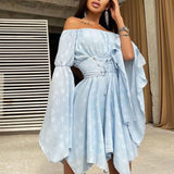 Slash Neck Flare Sleeve Irregular Hems Corset Short Dress Streetwear Girls High Waist A-line Tunics Evening Party