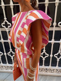 Zingj Women Colorful Striped O Neck Flying Sleeves Cropped Top Suit Fashion High Waisted Pockets Pants Set Elegant Lady Commute Outfit 211-0-Outfit