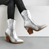 Faux Leather Cowboy Ankle Boots for Women Wedge High Heel Boots Snake Print Western Cowgirl Boots Silver Gold White
