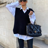 V Neck White Vest Sweater Sleeveless Knitted Women Loose Pullovers Black Oversized Casual Autumn Winter Jumper