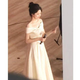 One-Word Shoulder-To-Shoulder Dress High-End Light Luxury Niche French Engagement Dress White Certificate Registration Small White Dress