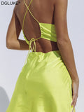 Strap Backless Satin Dress Sexy Cut Out Mini Summer Dresses For Women 2022 Elegant Cowl Neck Party Dress Green
