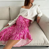 Pink Printed Satin Midi Straight Skirt- Outfit