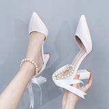Cm Thick Heel Pointed Sandals With Shallow Female Sandals White Beaded Wedding Bride High Heels Large-Size