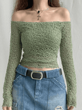 Off Shoulder Mesh Long Sleeve Blouse- Outfit