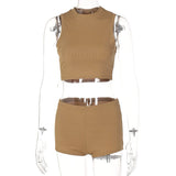 pieces Ribbed Knitted Sets Women Casual Outsuit Solid Color Round Neck Sleeveless Crop Tops+Slim Fit Short