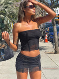 Off Shoulder Backless Sleeveless T Shirts Women Sexy Two Pieces Set Club Party Outfits Casual Pleated Mini Skirt