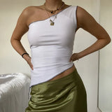 Vintage Chinese Style Print Crop Top Asymmetric Slim Fit One Shoulder Vests E-girl Aesthetic Fashion Women Summer Tank