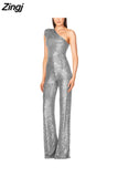 Women Elegant Long Jumpsuits Slanted Collar Party 2023 Sexy Glitter Sequin Club Playsuits Fashion Backless Solid
