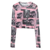 Real Shooting Front Double-Layer Tie-Dye Printing Mesh Long-Sleeved Top Short High-Waisted T-Shirt T-Shirt