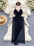 Halter Sexy Velvet Dress V Neck Backless Lace Up Slim Fit 2024 New IN Fashion Split Long Elegant Evening Party
