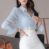 blue blouse OL style shirts women POLO collar Long Sleeve Shirt Autumn Vinateg Blouses Korean Office Ladies Tops