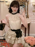 Fashion Polka Dot Pleated Shirt 2 Piece Set Women Summer Sweet Tower Skirt + Sleeveless Chiffon Tops Outfits Y2K