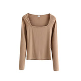 Sexy Square Collar Slim T-shirts Woman Knitwear Tops Solid Color Long Sleeve Skinny