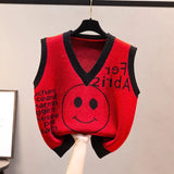 and autumn new style knitted vest Korean ladies cartoon smile women's sweater casual