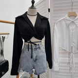 French Style With Short V-Neck Shirt Spring Sleeve Polo Collar Navel Navel Dress Top Female