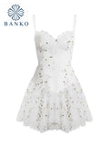 Lace Flower Print Hollow Out Mini Dress 2022 Summer Chic Sexy Sling Spaghetti Straps Deep V Neck Party Club Vestidos