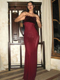 Strapless Red Feather Mesh Maxi Dress- Outfit