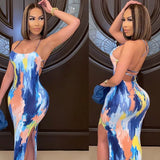 Women Summer Fashion Sleeveless Printed Bodycon Backless Open Fork Split Dress Sundress 2021 Female Clothing