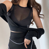 t-shirt women Fake Two Pieces Sexy Perspective Mesh lace Irregular Organza befree summer top korean clothes funny