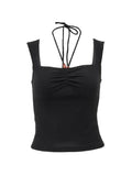 Solid Color Pleated Halter Tank Top- Outfit