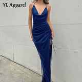 V-neck Sleeveless Long Split Formal Evening Party Dresses Elegant Ladies Backless Solid Shirring Cocktail Dresses Red