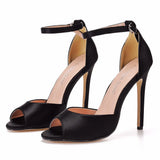 Cm Sexy Large-Size Black Silk Fish Mouth High-Heeled Sandals Shallow Word Buckle With Round Head High Heel Sandals 4546