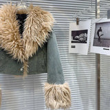 Denim Faux Fur Plush Sleeve Collar Jacket- Outfit