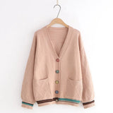 Cardigan Knitted Sweater Women Fashion Lazy Wind Loose Striped Pockets V-neck Long-sleeved Sweater Female