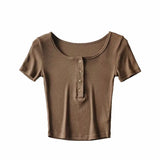 Zingj New Solid Color Four-Button Elastic Basic T-Shirt Summer Women's Short Navel-Missing Short-Sleeved