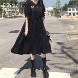 Women O-Neck Black Summer Strap Midi Dresses Japanese Harajuku Streetwear Loose Lace Up BF Cool Ins Popular Elegant